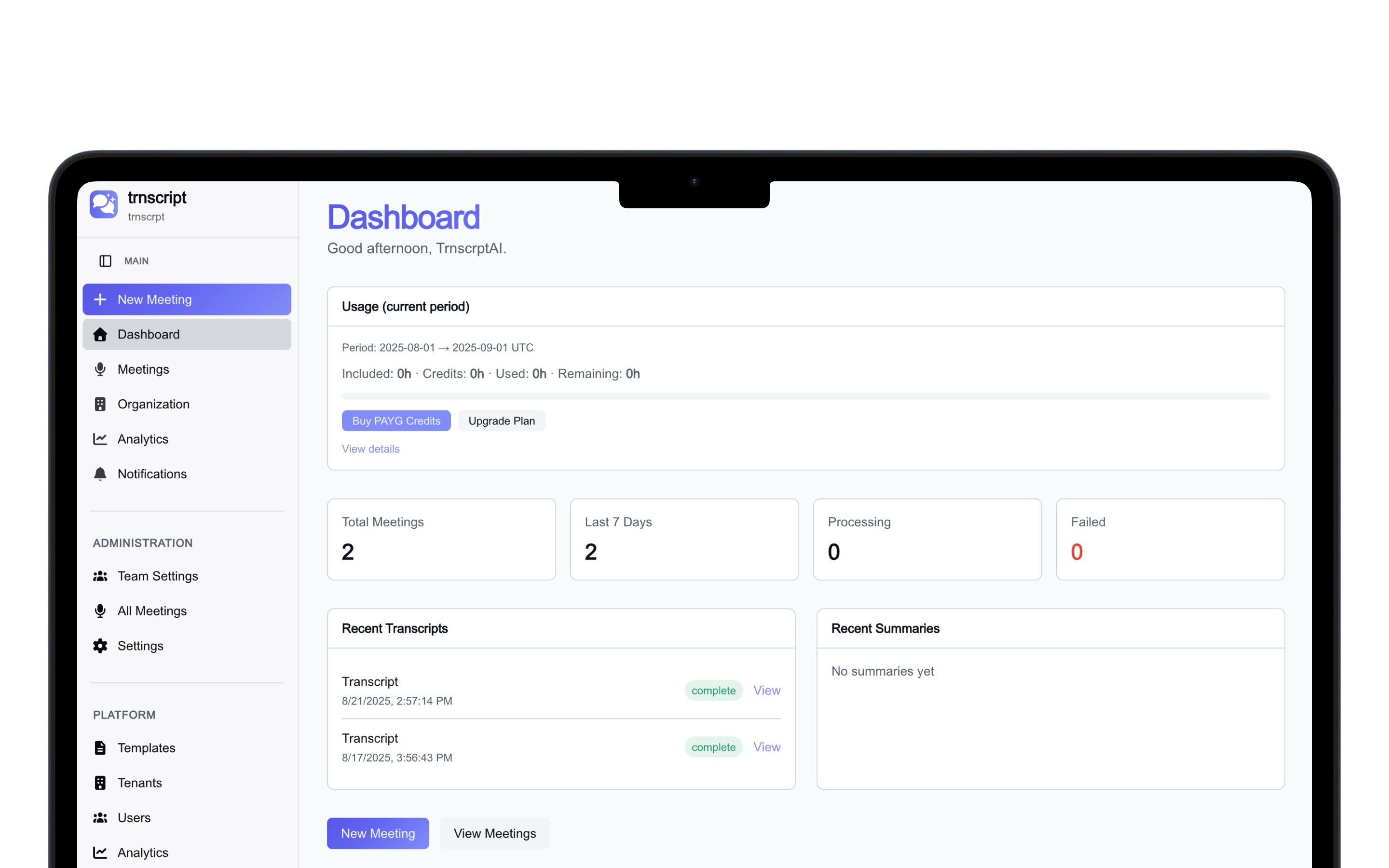 TrnscrptAI dashboard preview